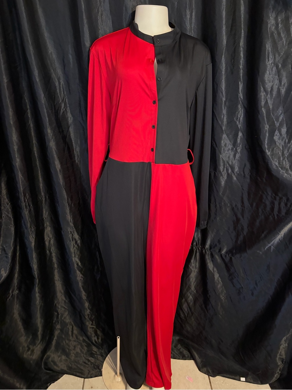 Harley Quinn Colorblock Red & Black Button-Front Jumpsuit